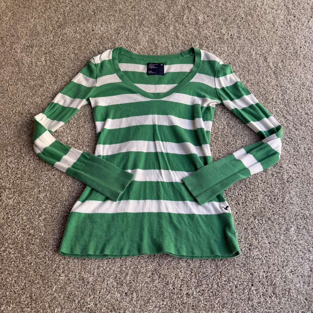 Y2K American Eagle Sweater Womens M Green Striped V Neck Knit Pullover